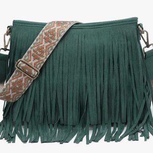NWT Sadie - Vegan Suede Fringe Crossbody w/ Guitar Strap Emerald